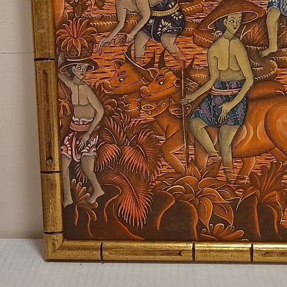 Gold Bamboo Framed Fabric Oriental Art
